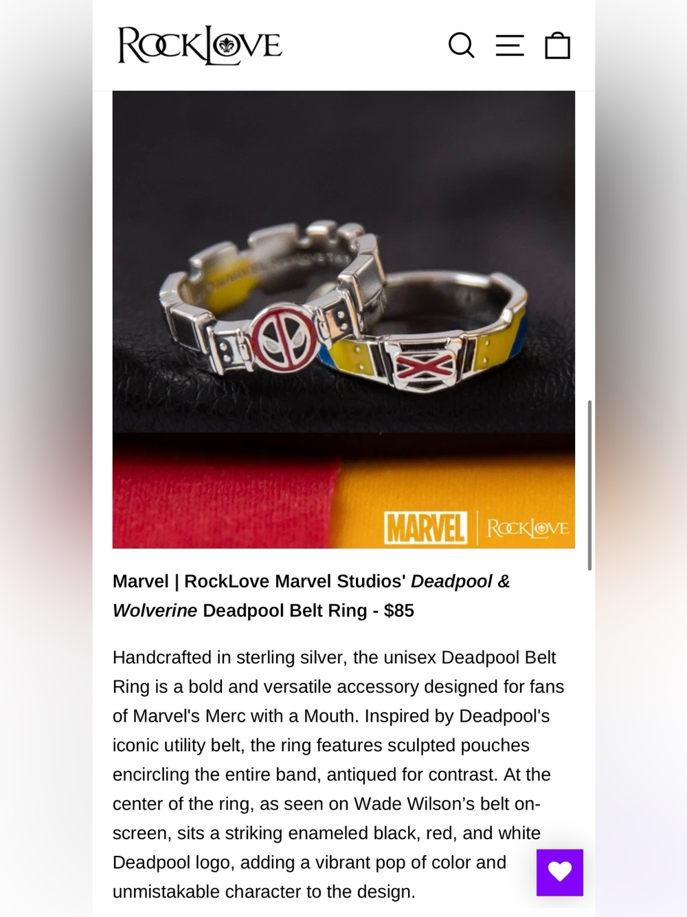 Retired collab- Rocklove X Marvel Deadpool Belt Ring — Sterling silver 7